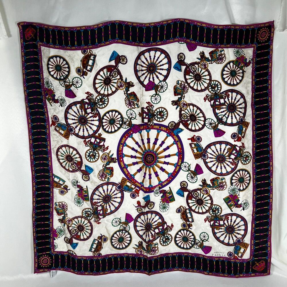 Adrianna Papell Silk Scarf with a Vintage Carriage and Wheel Pattern
